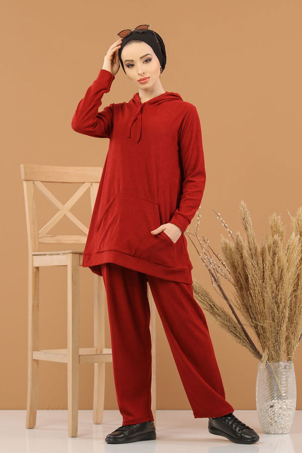Kapşonlu Tunik Pantolon Siyah  Bordo - 8245