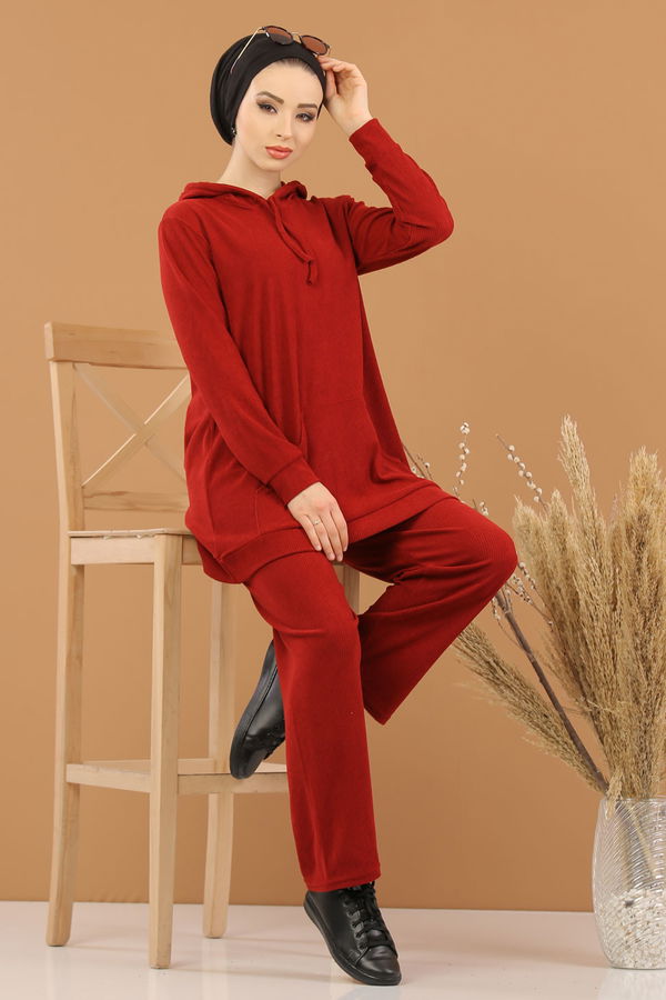 Kapşonlu Tunik Pantolon Siyah  Bordo - 8245
