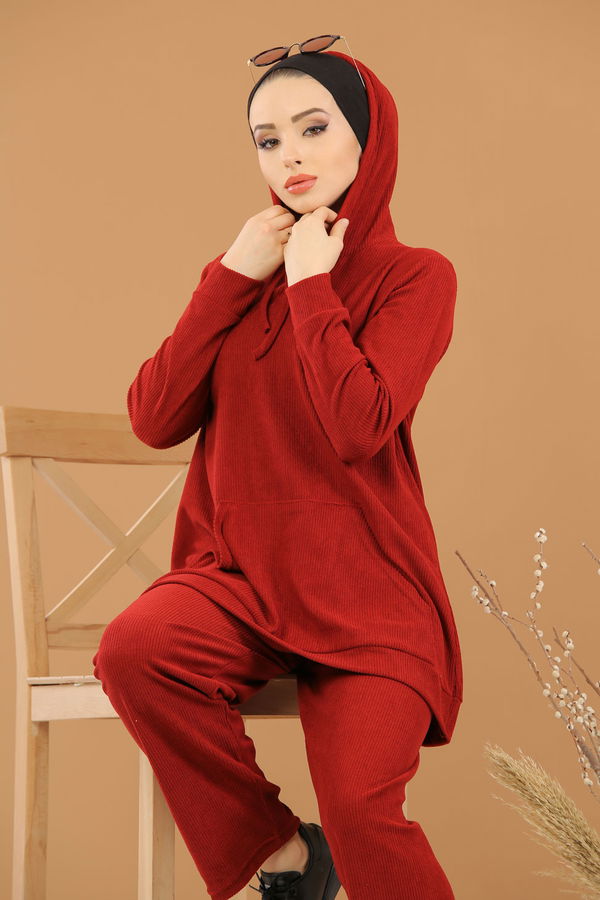 Kapşonlu Tunik Pantolon Siyah  Bordo - 8245