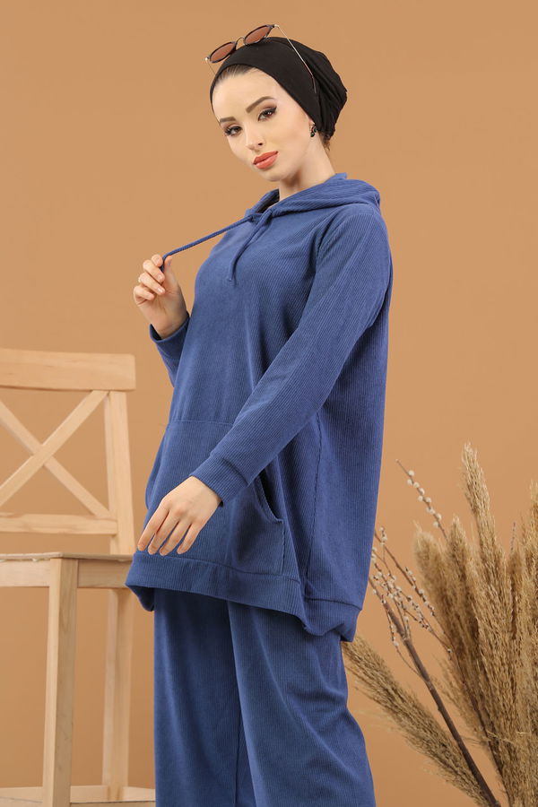 Kapşonlu Tunik Pantolon Siyah  Mavi - 8245