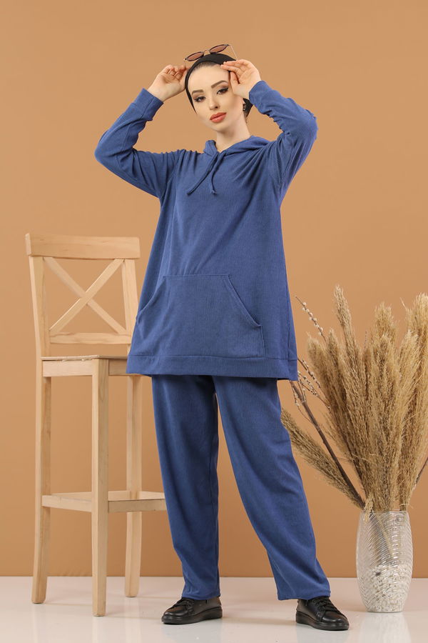 Kapşonlu Tunik Pantolon Siyah  Mavi - 8245