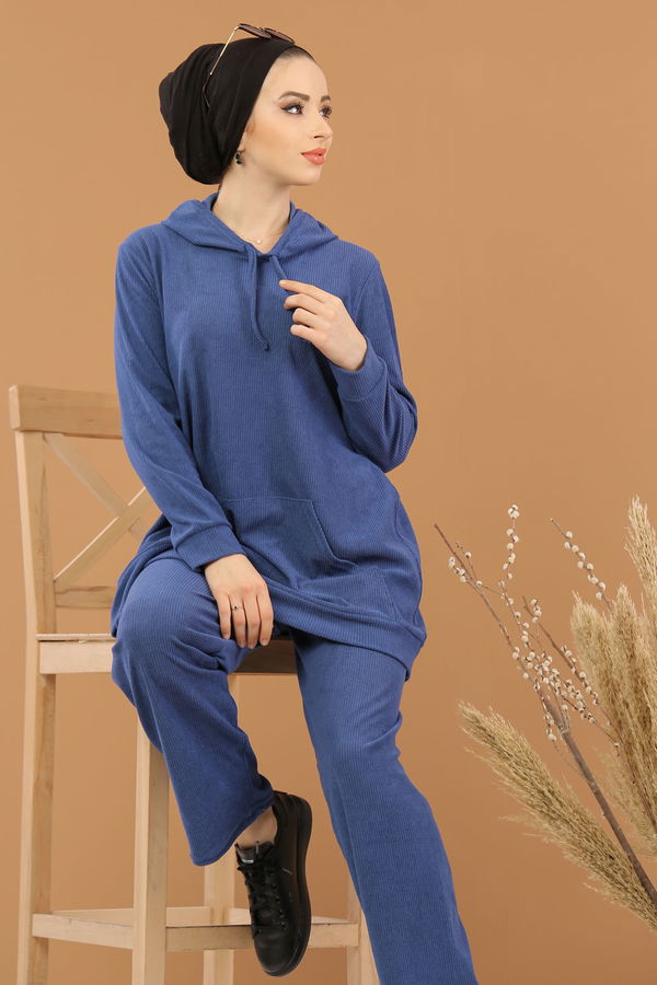 Kapşonlu Tunik Pantolon Siyah  Mavi - 8245