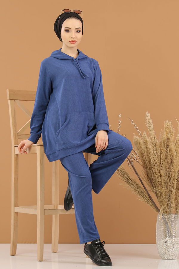 Kapşonlu Tunik Pantolon Siyah  Mavi - 8245