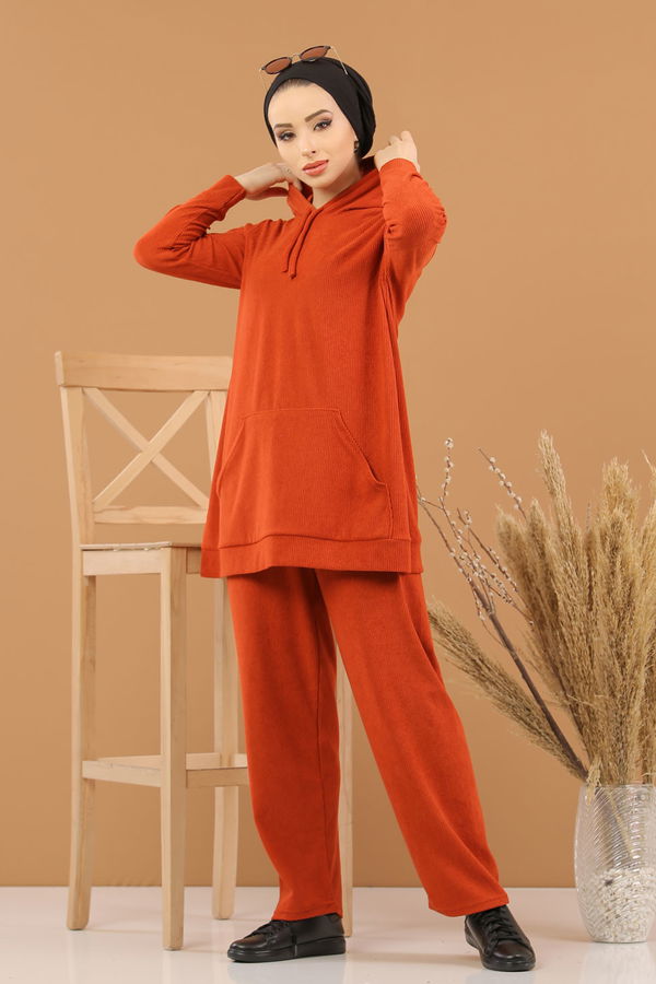 Kapşonlu Tunik Pantolon Siyah  Kiremit - 8245
