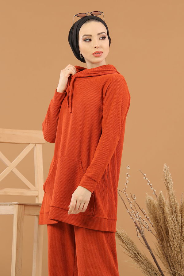 Kapşonlu Tunik Pantolon Siyah  Kiremit - 8245