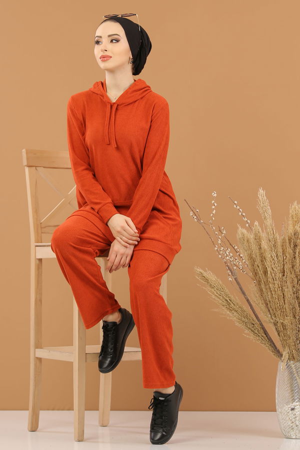 Kapşonlu Tunik Pantolon Siyah  Kiremit - 8245