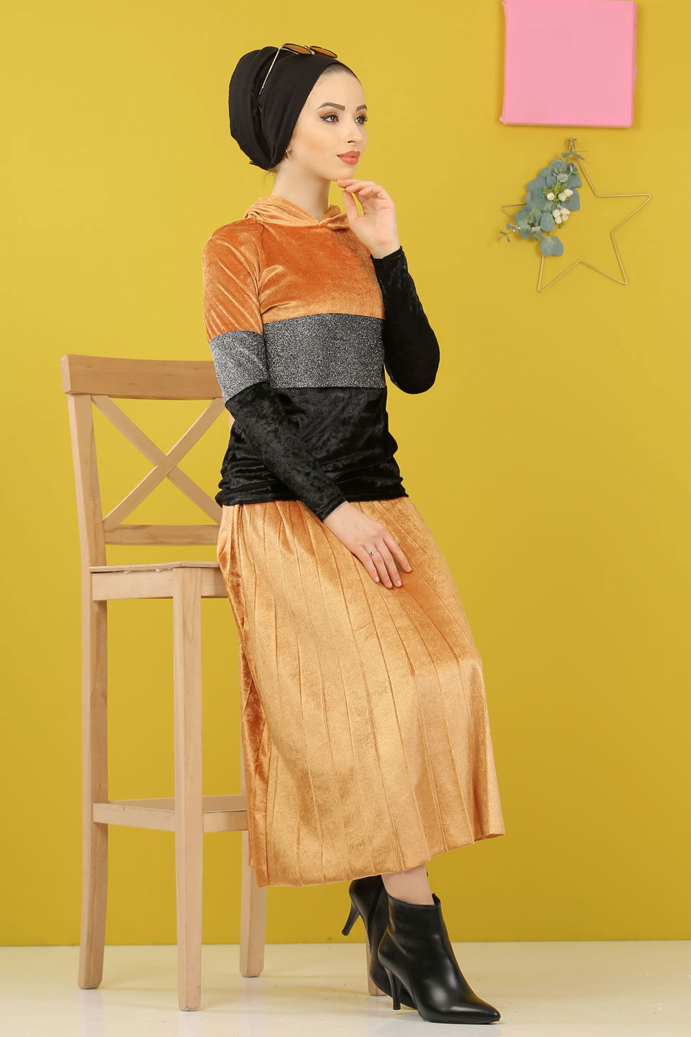 Simli Kadife Tunik Etek Haki  Sarı - 8246
