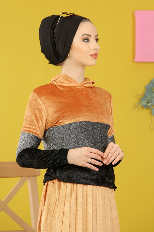 Simli Kadife Tunik Etek Haki  Sarı - 8246