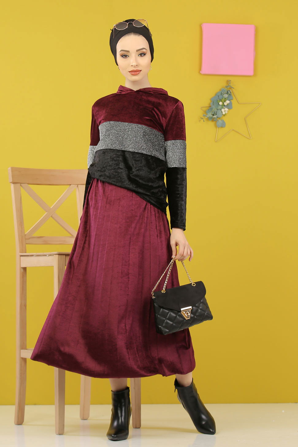 Simli Kadife Tunik Etek Haki  Mor - 8246