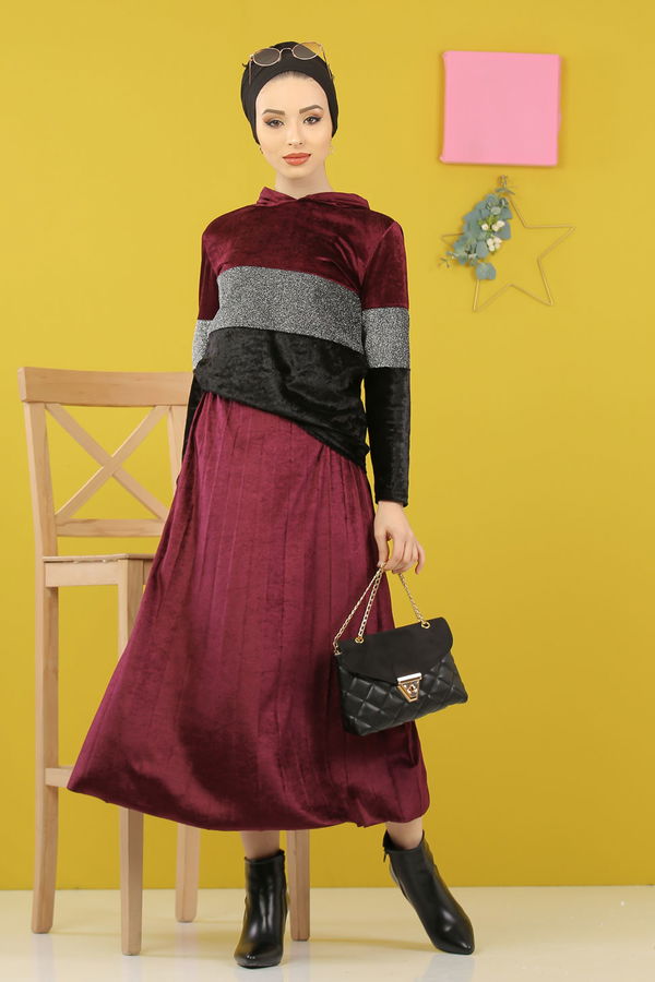 Simli Kadife Tunik Etek Haki  Mor - 8246