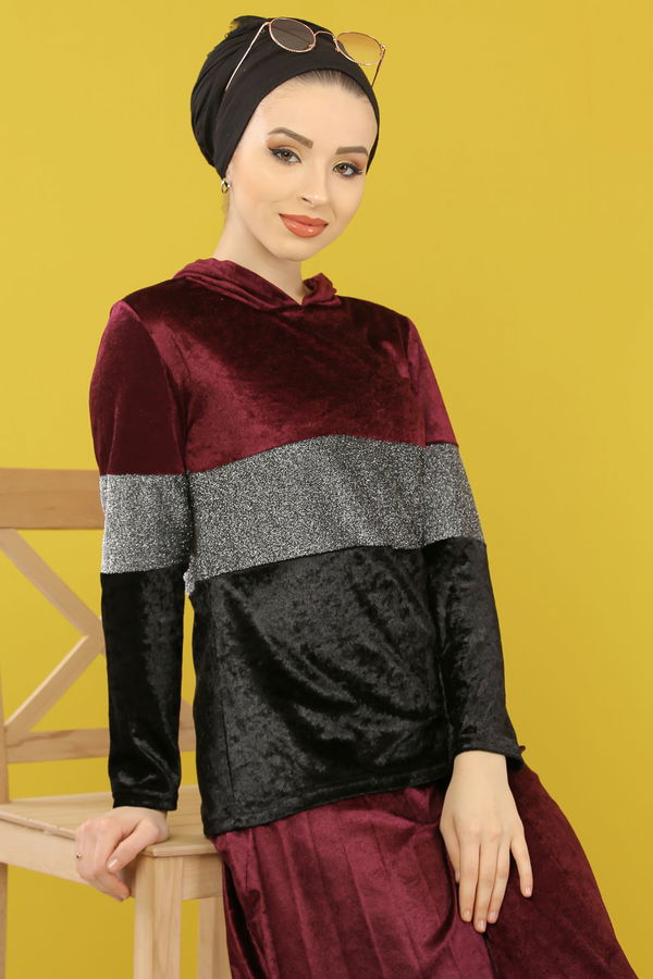 Simli Kadife Tunik Etek Haki  Mor - 8246