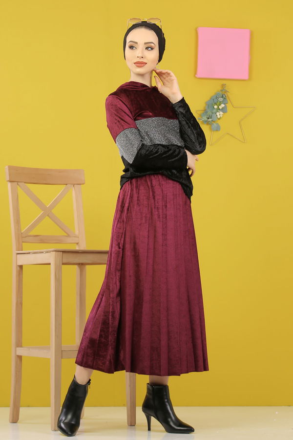 Simli Kadife Tunik Etek Haki  Mor - 8246