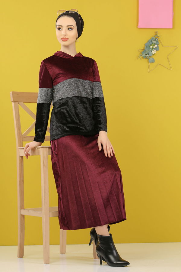 Simli Kadife Tunik Etek Haki  Mor - 8246