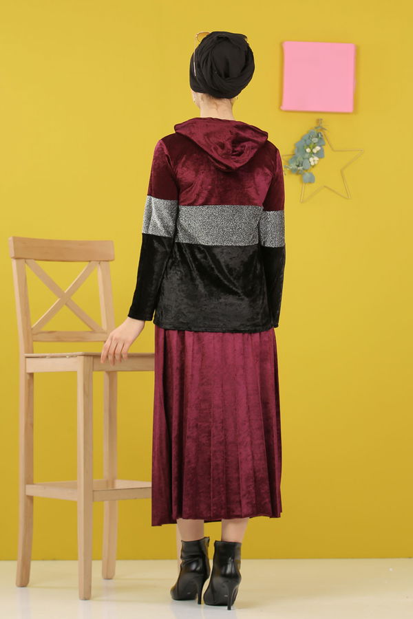 Simli Kadife Tunik Etek Haki  Mor - 8246