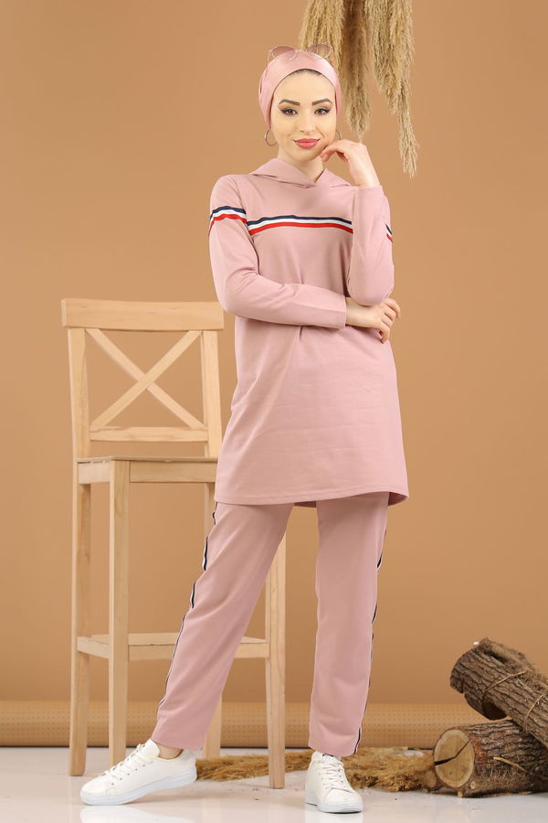 Şeritli Tunik Pantolon Siyah  Pembe - 7791