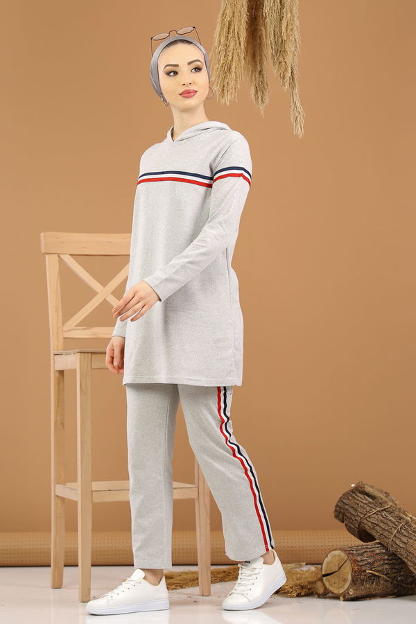 Şeritli Tunik Pantolon Siyah  Gri - 7791 GRİ