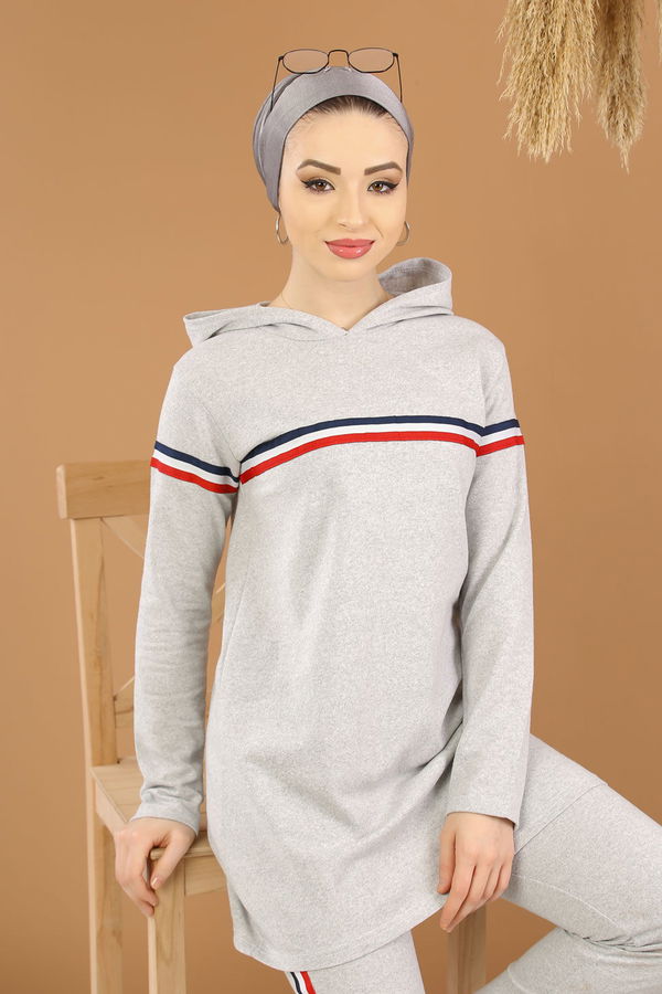 Şeritli Tunik Pantolon Siyah  Gri - 7791 GRİ