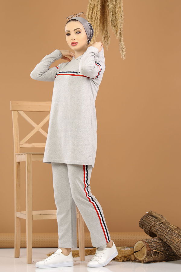 Şeritli Tunik Pantolon Siyah  Gri - 7791 GRİ