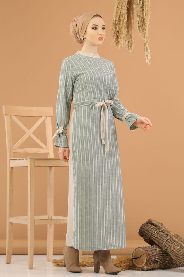 Kuşaklı Elbise Gri  Yeşil - 8264