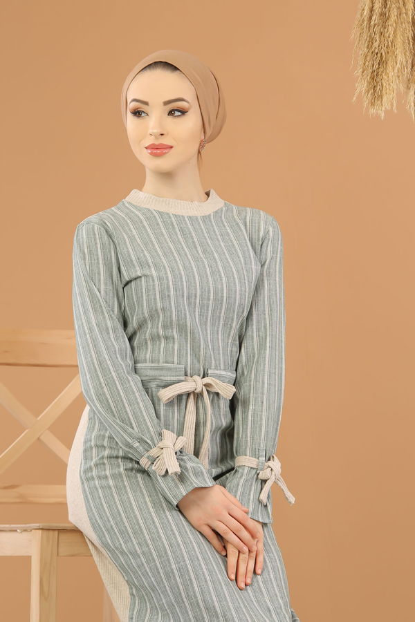 Kuşaklı Elbise Gri  Yeşil - 8264