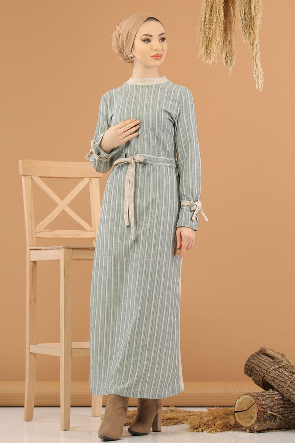 Kuşaklı Elbise Gri  Yeşil - 8264