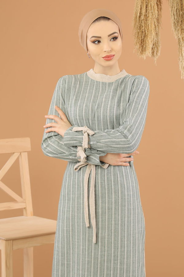 Kuşaklı Elbise Gri  Yeşil - 8264