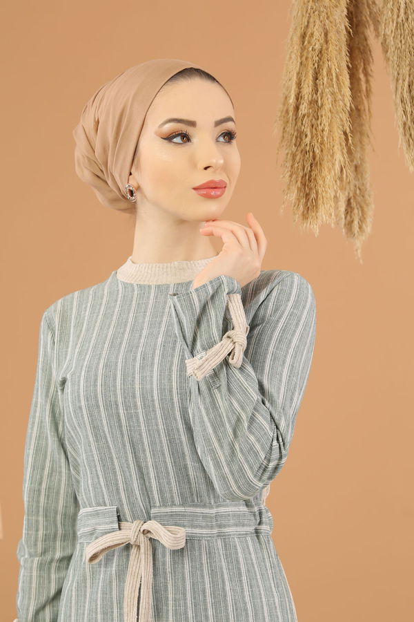 Kuşaklı Elbise Gri  Yeşil - 8264