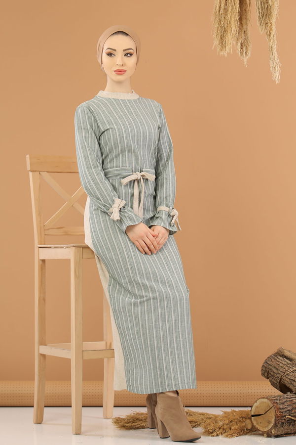 Kuşaklı Elbise Gri  Yeşil - 8264