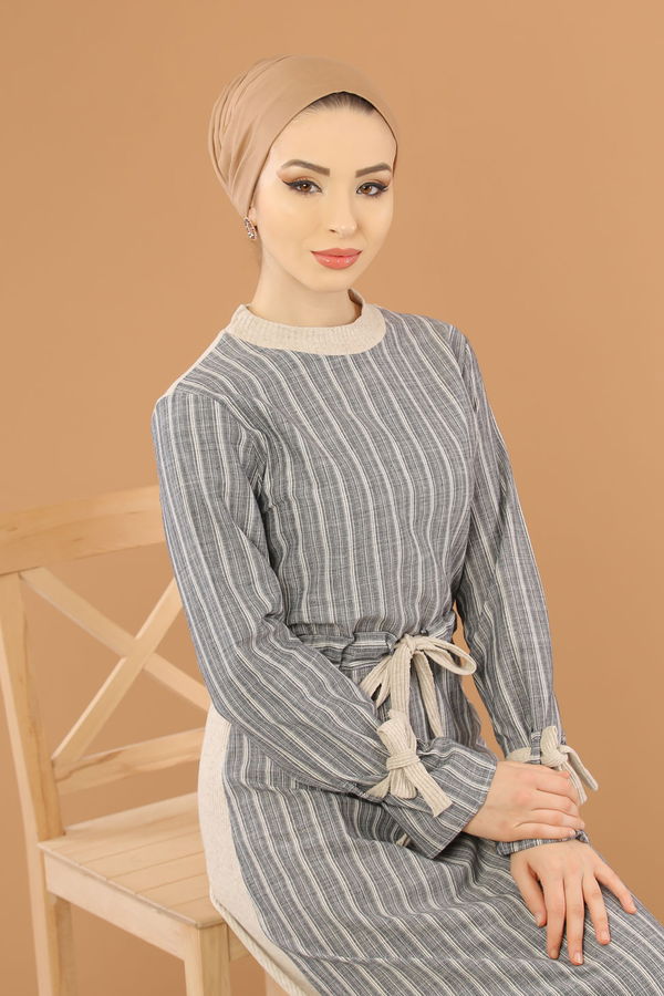 Kuşaklı Elbise Gri  Gri - 8264