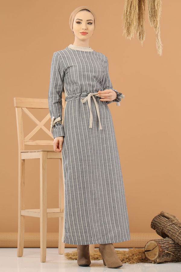 Kuşaklı Elbise Gri  Gri - 8264