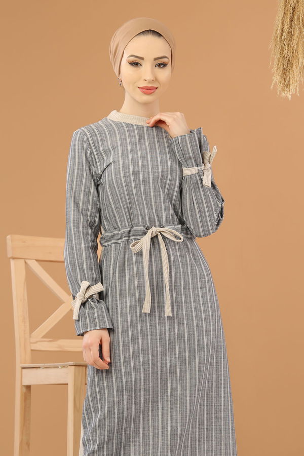 Kuşaklı Elbise Gri  Gri - 8264