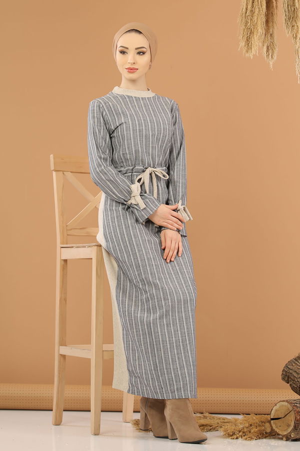 Kuşaklı Elbise Gri  Gri - 8264