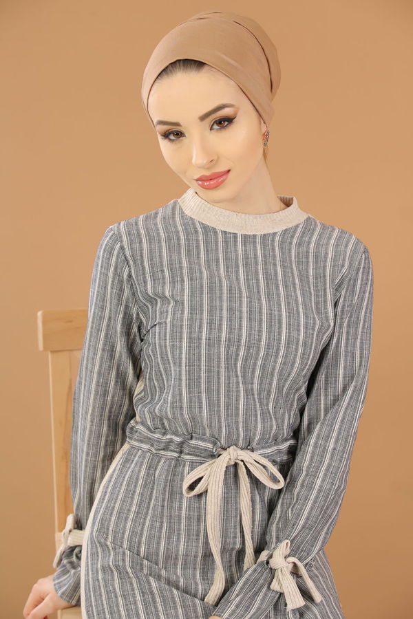Kuşaklı Elbise Gri  Gri - 8264