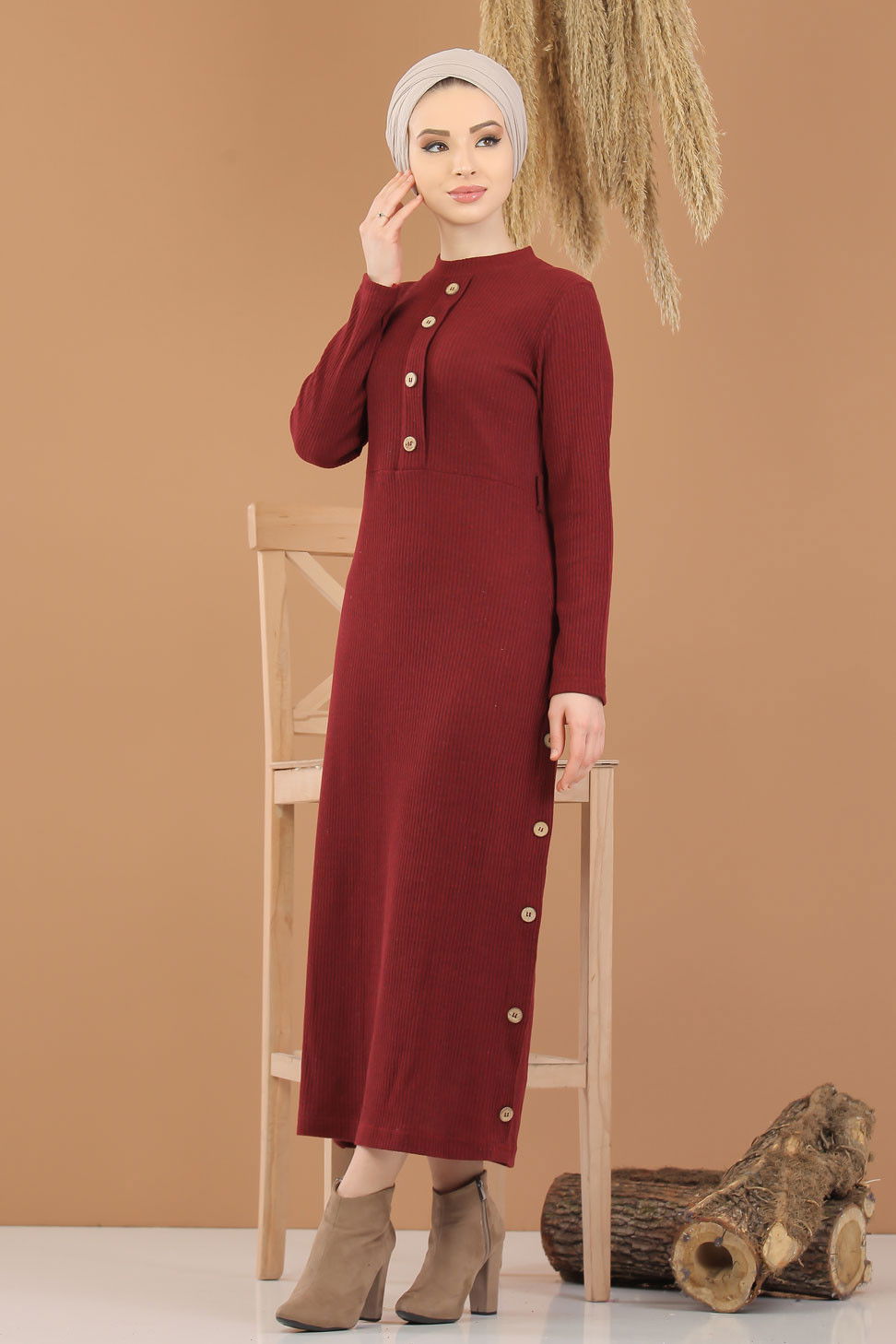 Dügme Detay Triko Elbise Haki  Bordo - 8283 BORDO