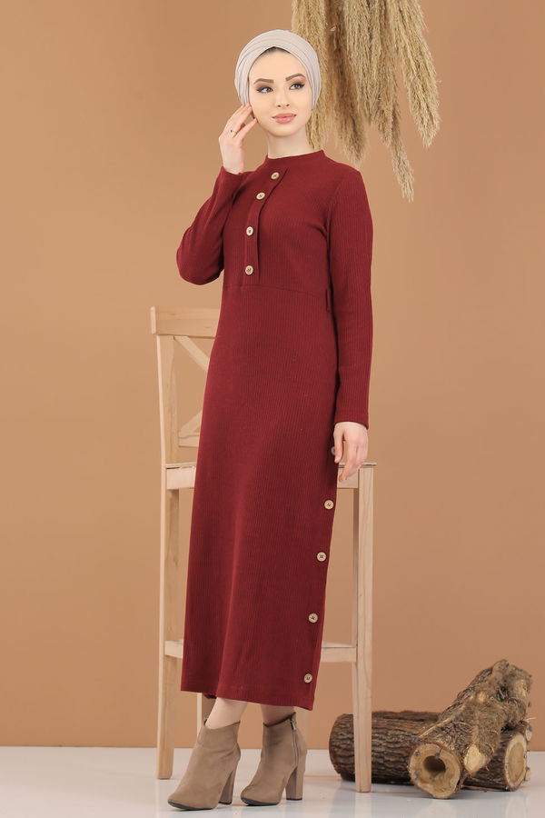 Dügme Detay Triko Elbise Haki  Bordo - 8283 BORDO
