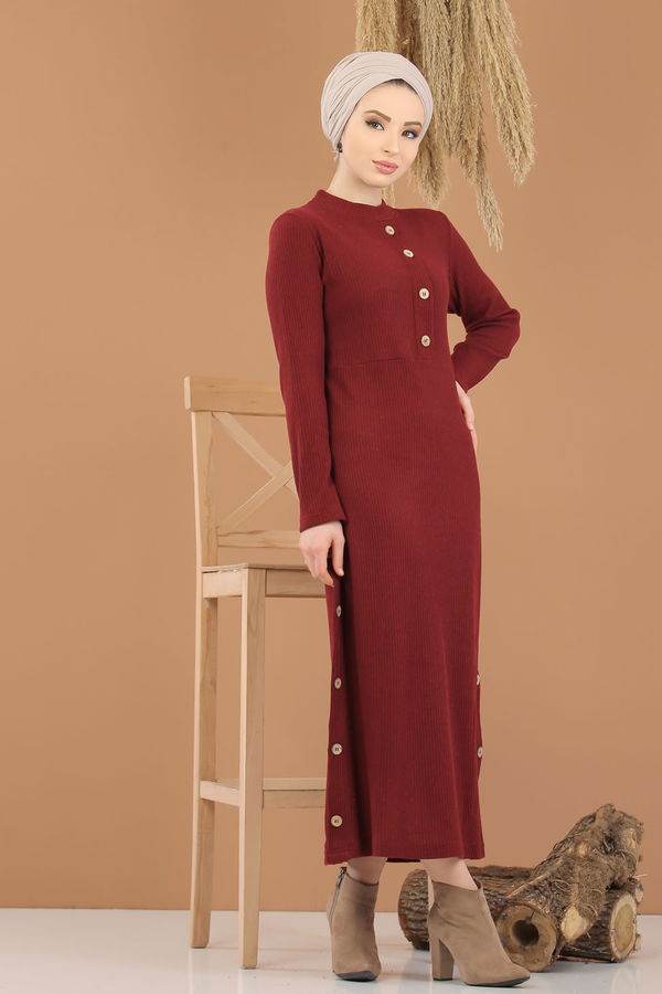 Dügme Detay Triko Elbise Haki  Bordo - 8283 BORDO