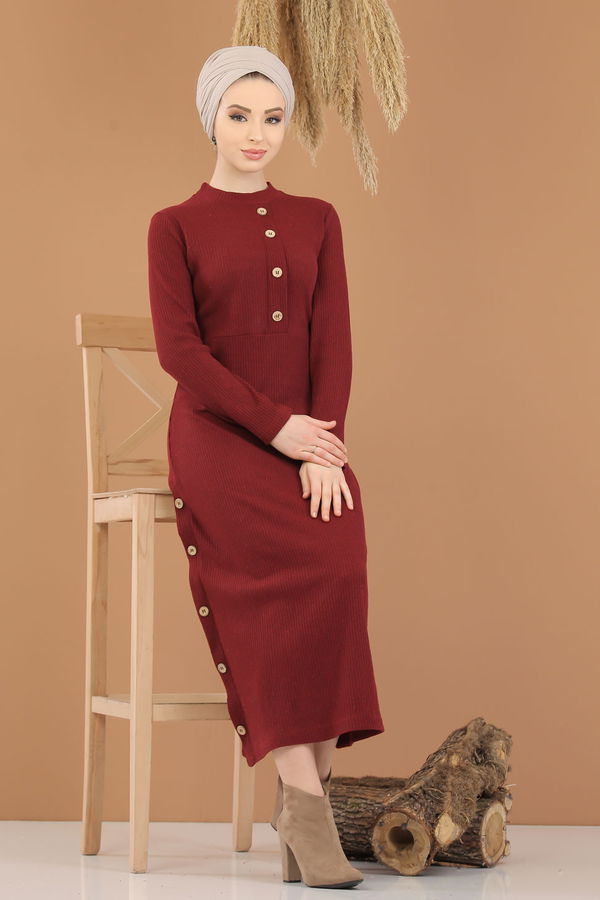 Dügme Detay Triko Elbise Haki  Bordo - 8283 BORDO