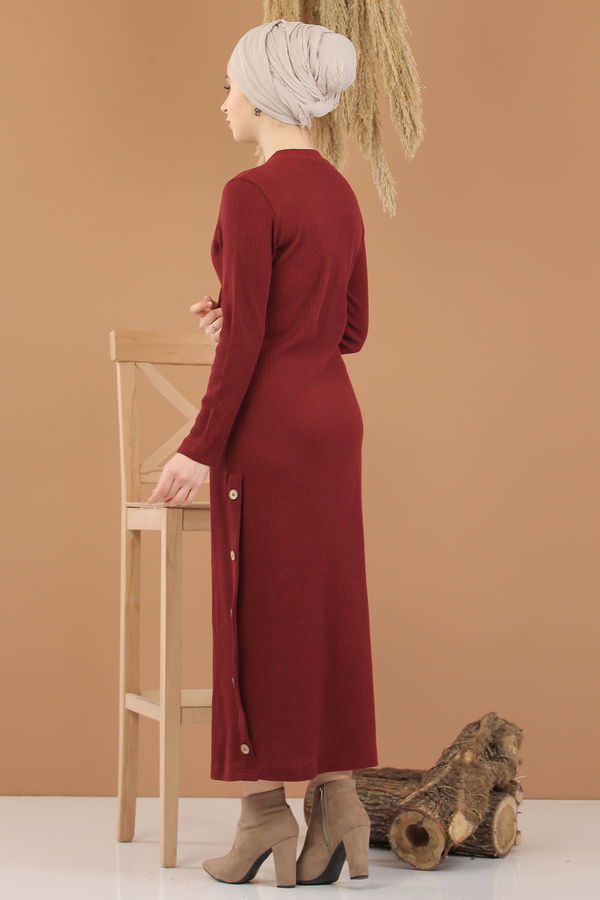 Dügme Detay Triko Elbise Haki  Bordo - 8283 BORDO