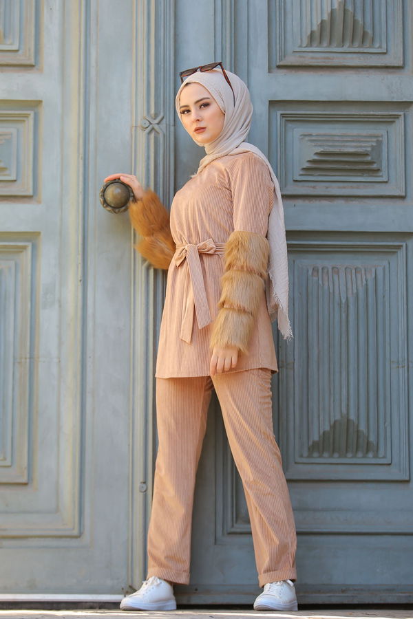 Kadife Tunik Pantolon Siyah  Vizon - 1318 VİZON