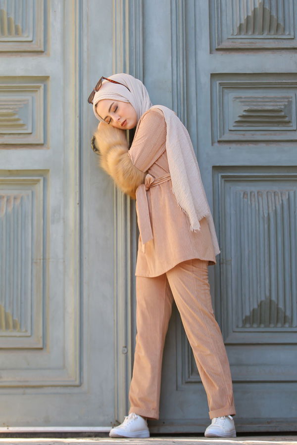 Kadife Tunik Pantolon Siyah  Vizon - 1318 VİZON
