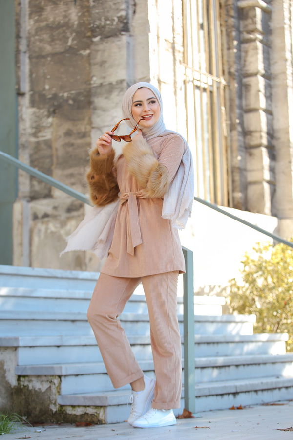 Kadife Tunik Pantolon Siyah  Vizon - 1318 VİZON
