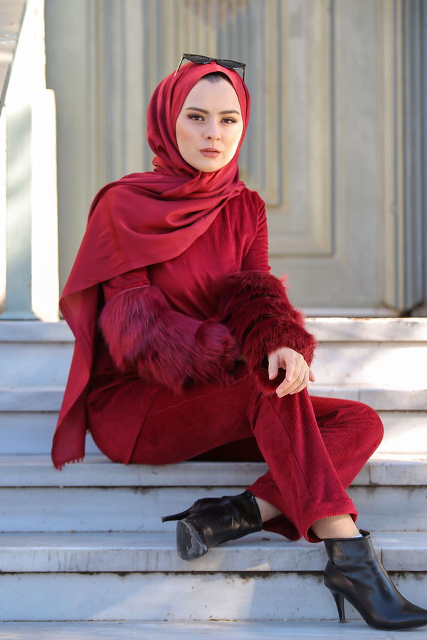 Kadife Tunik Pantolon Siyah  Bordo - 1318 BORDO