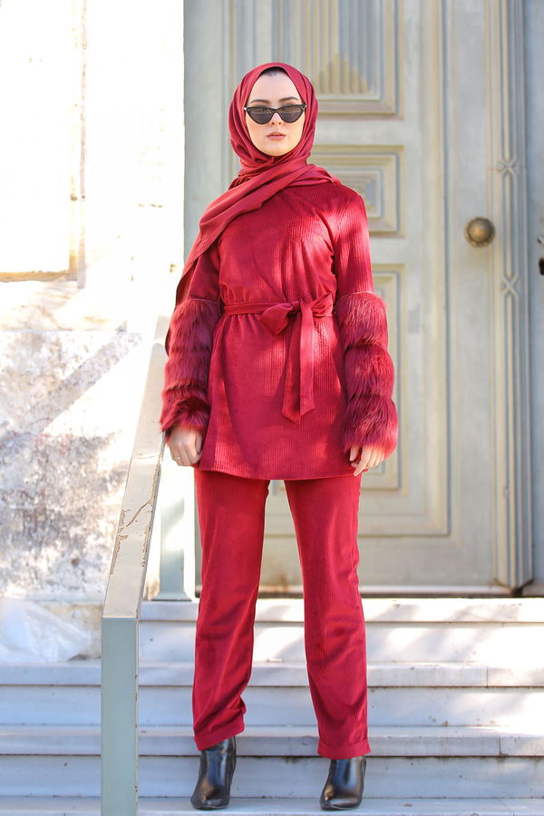 Kadife Tunik Pantolon Siyah  Bordo - 1318 BORDO