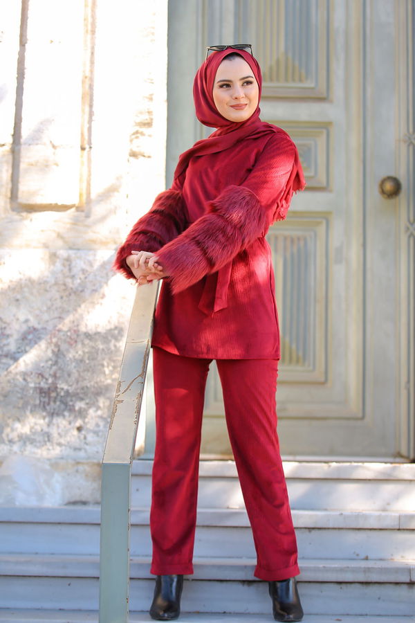 Kadife Tunik Pantolon Siyah  Bordo - 1318 BORDO