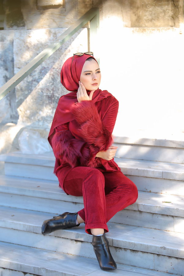 Kadife Tunik Pantolon Siyah  Bordo - 1318 BORDO