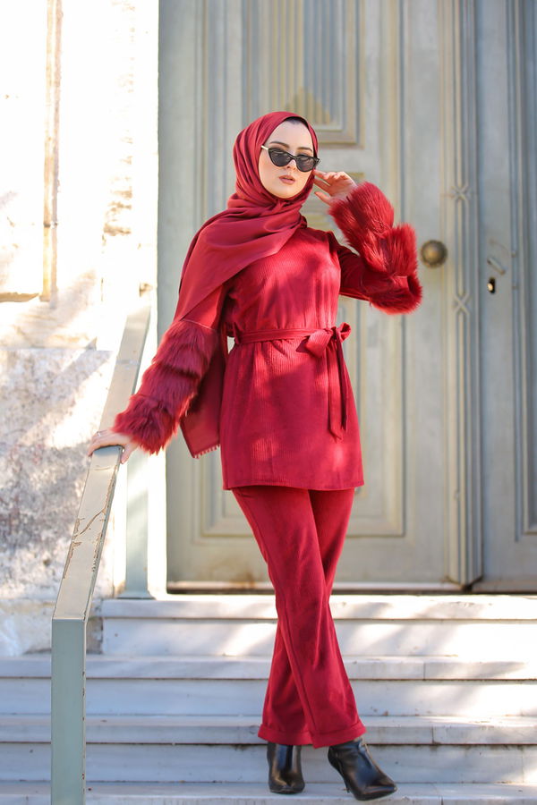 Kadife Tunik Pantolon Siyah  Bordo - 1318 BORDO