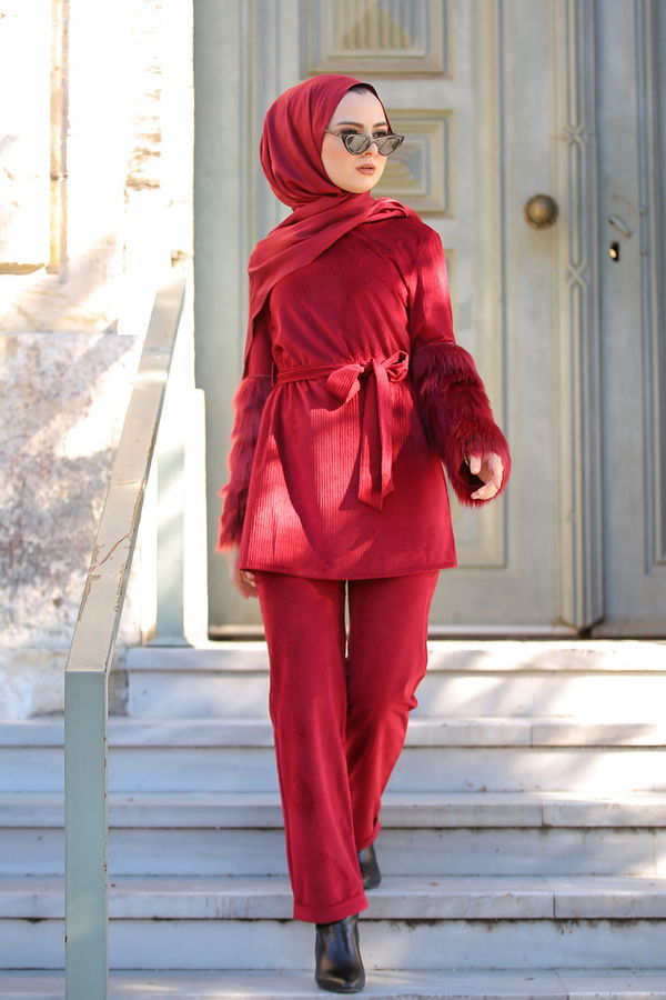 Kadife Tunik Pantolon Siyah  Bordo - 1318 BORDO