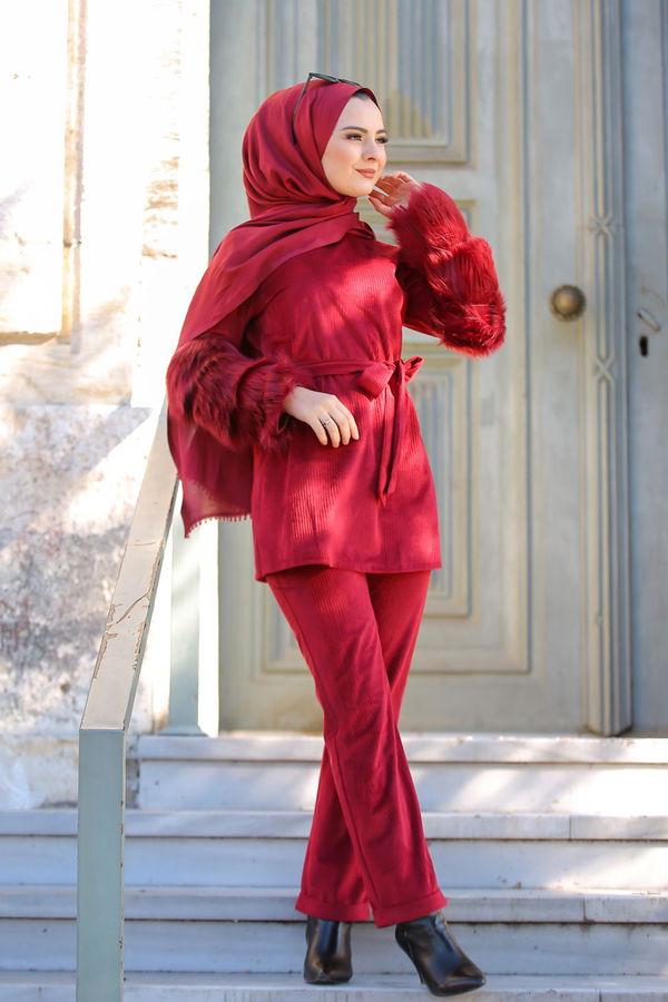 Kadife Tunik Pantolon Siyah  Bordo - 1318 BORDO