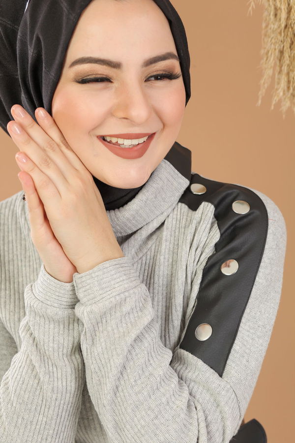 Bogazlı Triko Elbise Kemer Siyah Gri - 8292