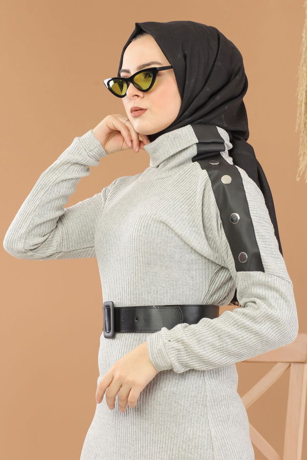 Bogazlı Triko Elbise Kemer Siyah Gri - 8292